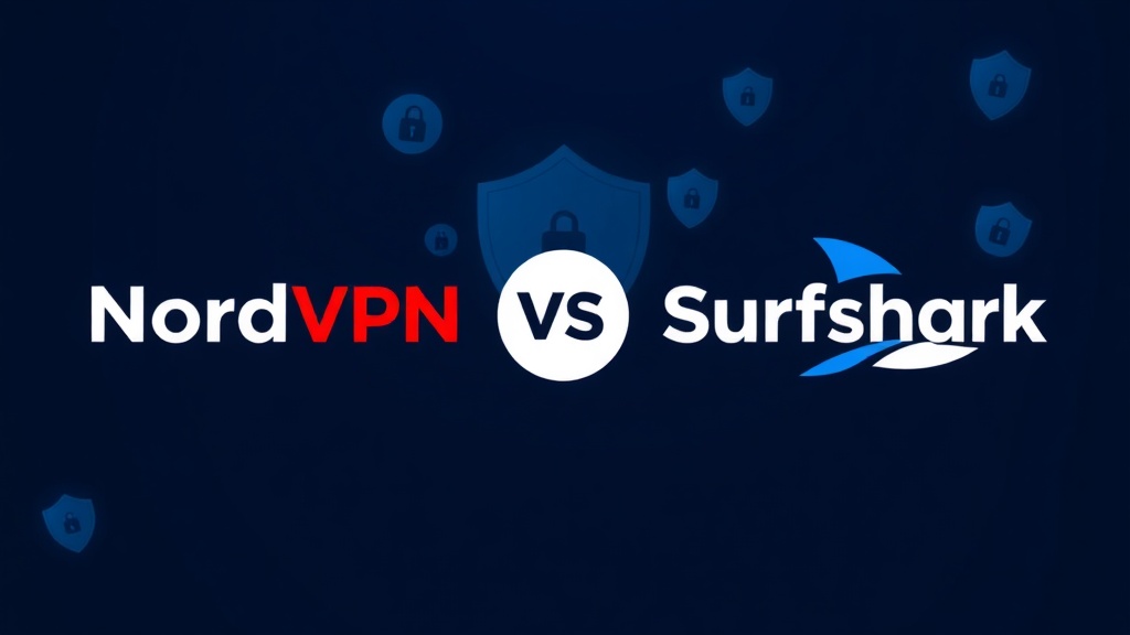 Primerjava NordVPN in Surfshark 2026 z logotipoma obeh VPN-jev drug ob drugem